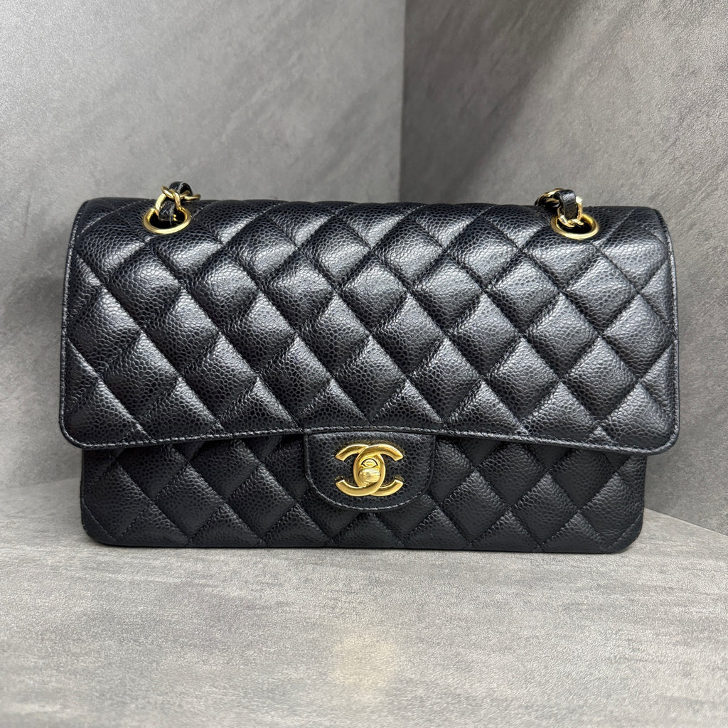 Chanel Medium Classic Flap, Black Gold, Caviar Leather, 27-series, with authenticity card, original condition, perfect shape