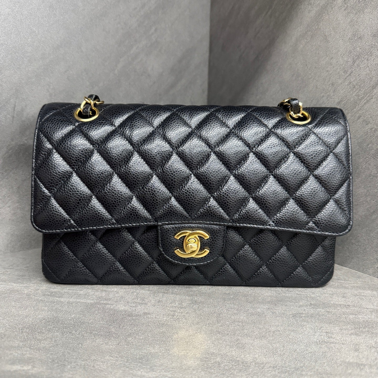 Chanel Medium Classic Flap, Black Gold, Caviar Leather, 27-series, with authenticity card, original condition, perfect shape