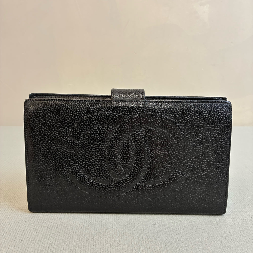 Chanel 4-Fold Vintage Wallet Litchi Grain Leather Black Size 18*10