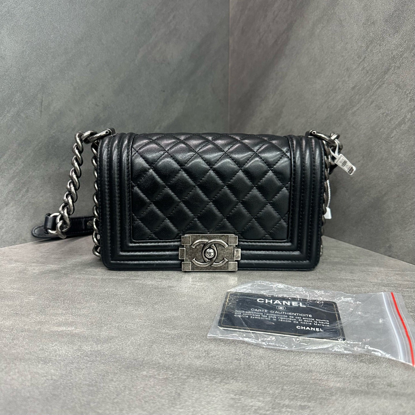 Chanel leboy small black silver sheepskin chain bag, 20 opening, card bag type, three-dimensional inside clean