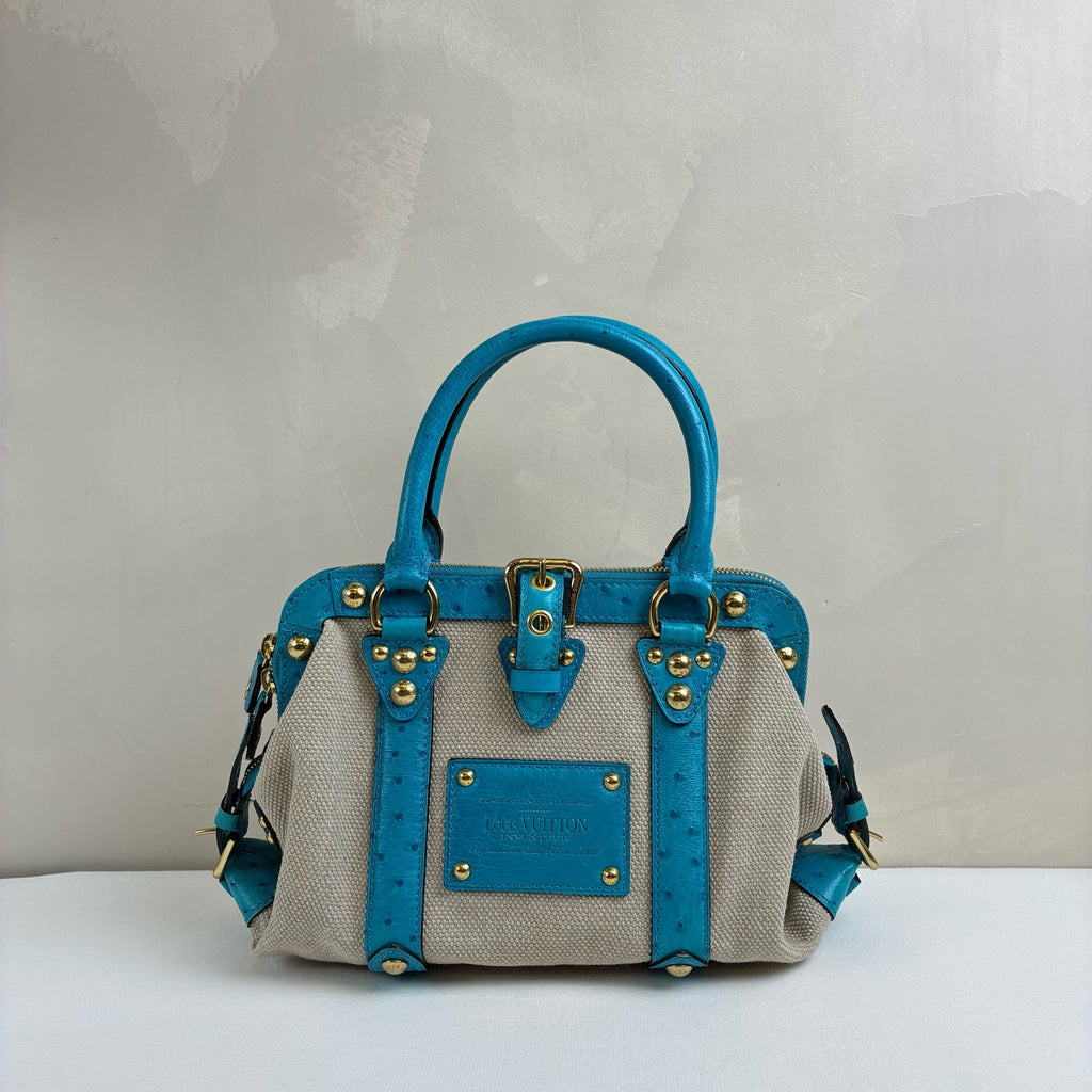 LV Blue Ostrich Leather and Canvas Lock Handbag Show Model, Blue Ostrich with Beige Canvas, 23*19.