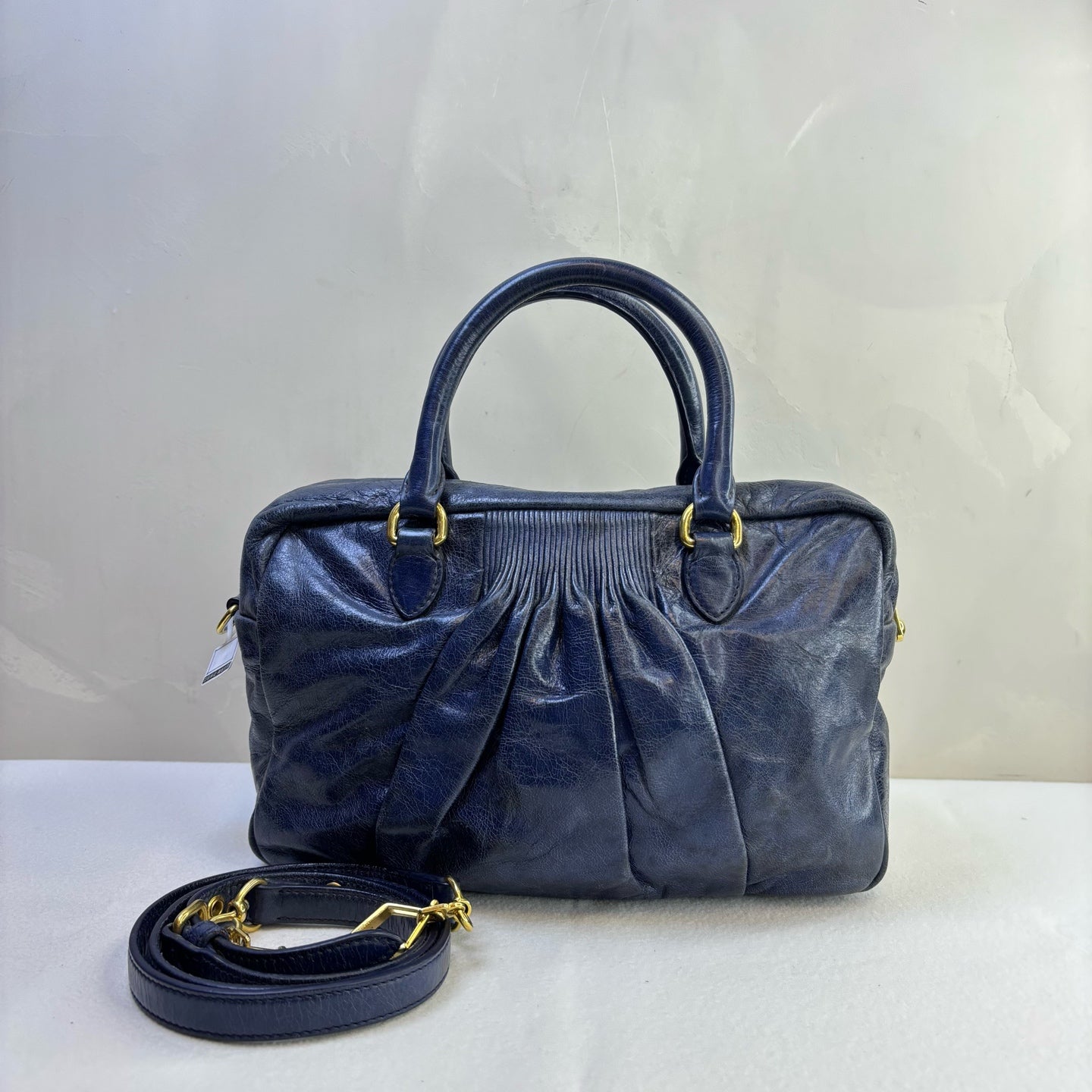 Miu Miu Blue Ruched Oil Wax Leather Tote Crossbody Bag Size 27*20 Excellent Condition 98% New