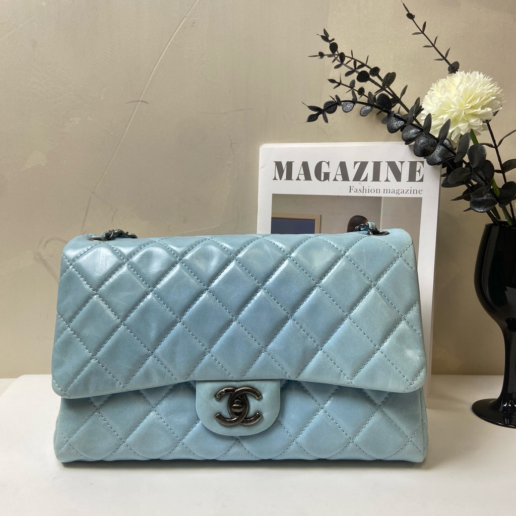Chanel Blue Lambskin Jumbo CF Shoulder Bag 20, in 98% New Condition, Size 30.5*20.