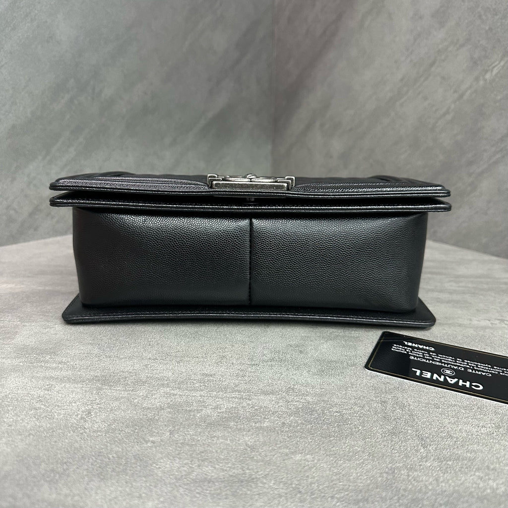 Chanel Le Boy Medium Black Silver Caviar Leather Chain Bag 26 with Card, structured interior, clean lining.