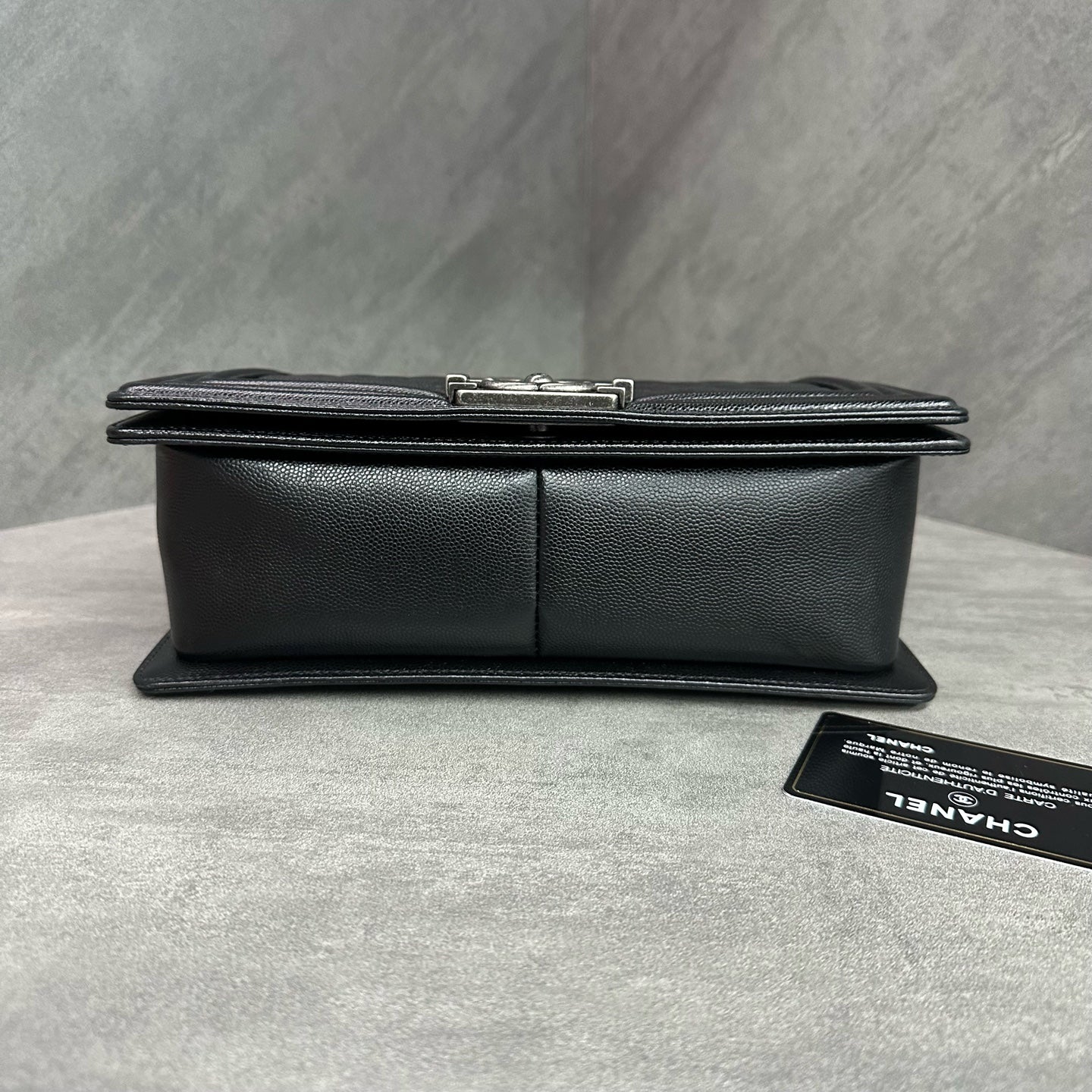 Chanel Le Boy Medium Black Silver Caviar Leather Chain Bag 26 with Card, structured interior, clean lining.