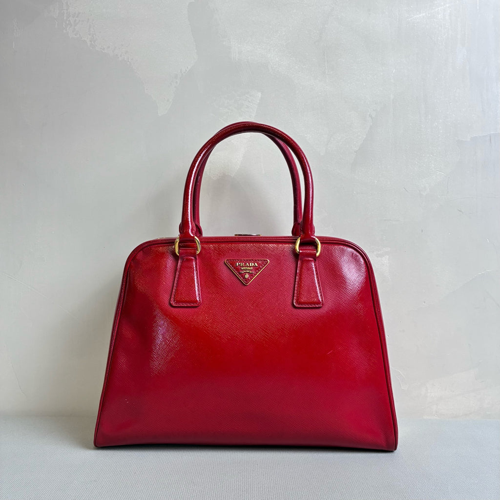 Prada 95% New Red Patent Leather Tote Bag Classic Triangle Logo Crosshatch Leather Size