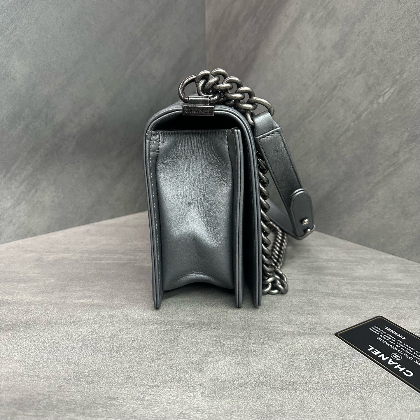 Chanel Leboy Medium-Large, Silver-Grey Smooth Calfskin, Silver Hardware, 20 Series with Authenticity Card