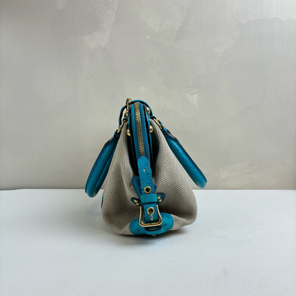 LV Blue Ostrich Leather and Canvas Lock Handbag Show Model, Blue Ostrich with Beige Canvas, 23*19.