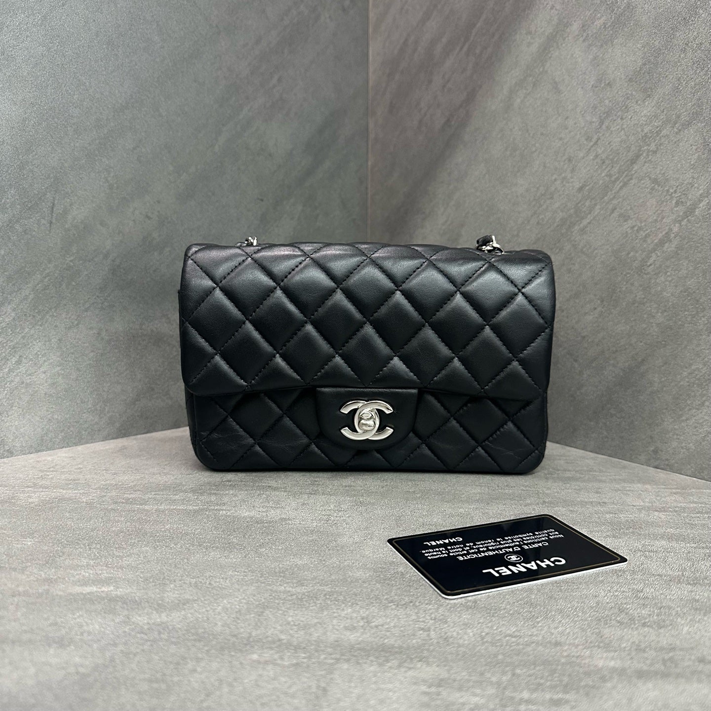 CHANEL CF Mini Black and Silver Lambskin Chain Bag 21 Opening with Card