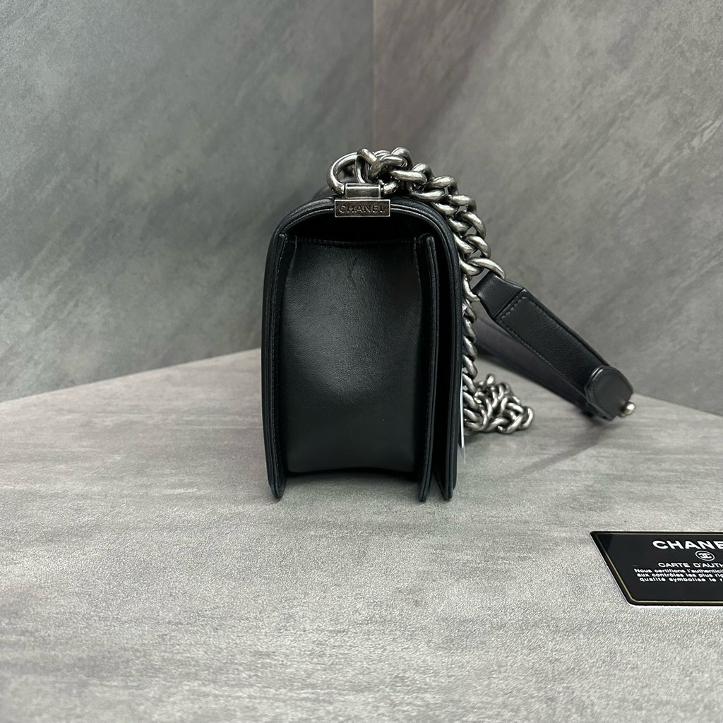 Chanel leboy medium black and silver lambskin chain bag, 16-series with card, structured shape, clean interior