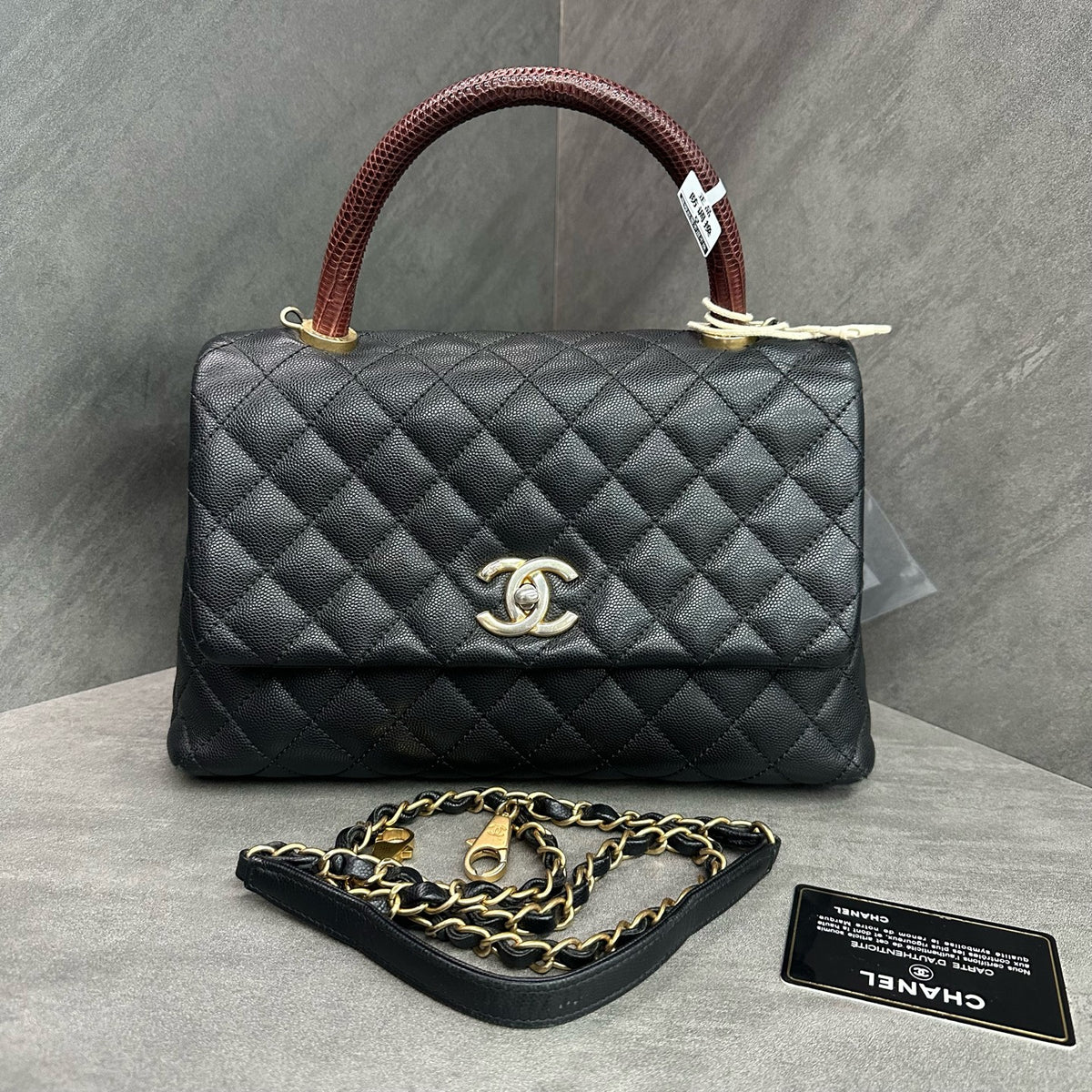 Chanel Coco Handle Medium Black Gold Lizard Handle Laser 24K with Card