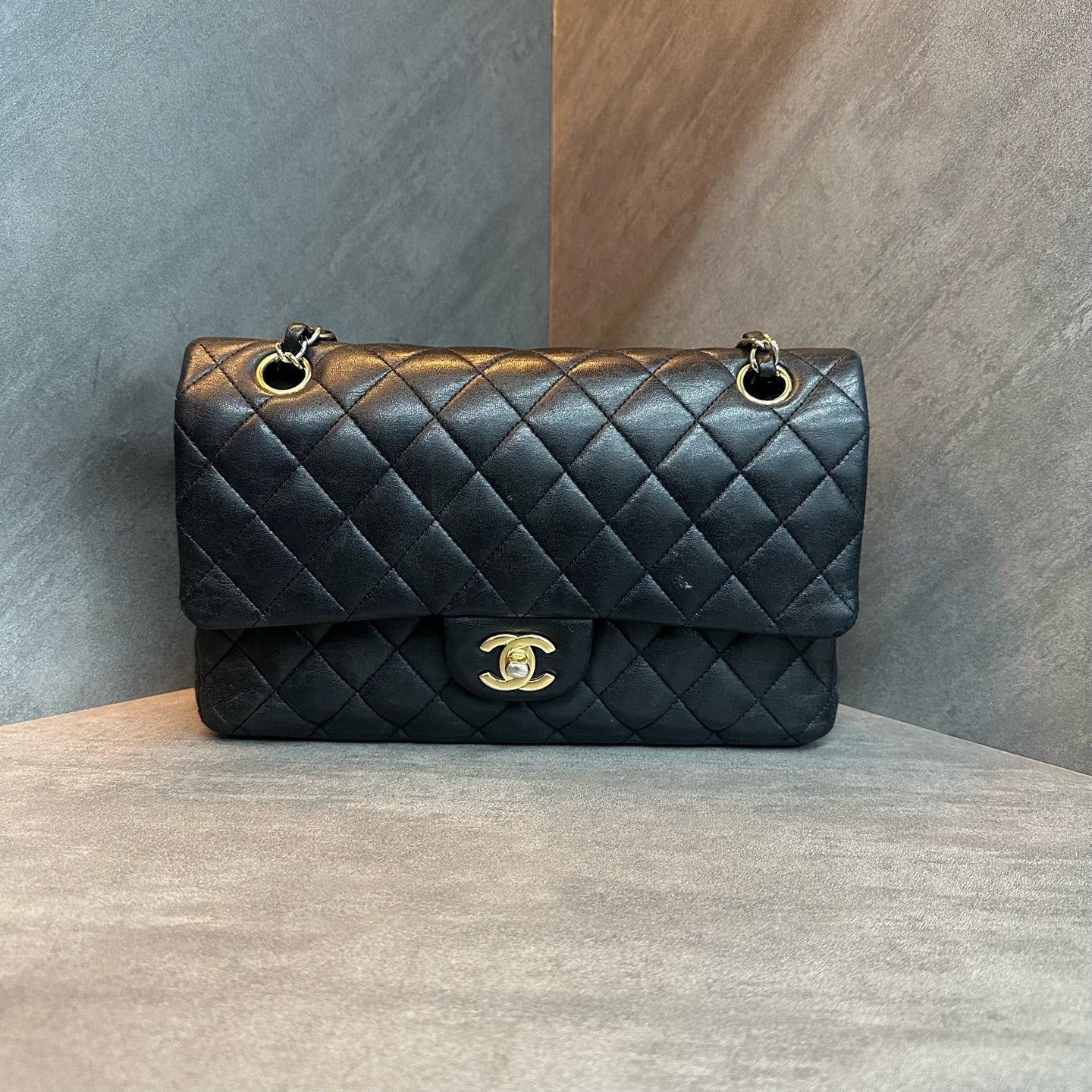Chanel cf medium size black gold sheepskin chain bag, 16K