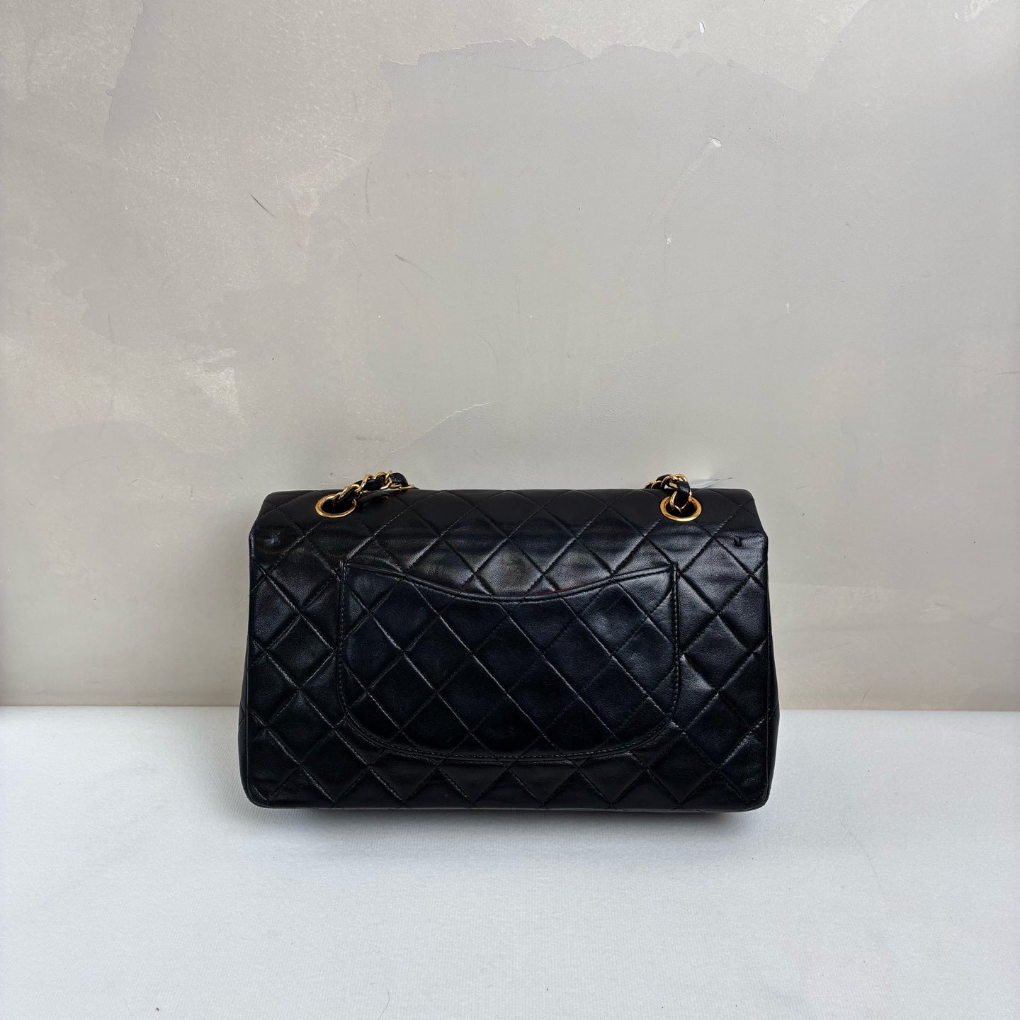 Chanel CF Medium Black and Gold Lambskin Chain Bag Classic Diamond Pattern Black and Gold Color Hardware Size 23*15