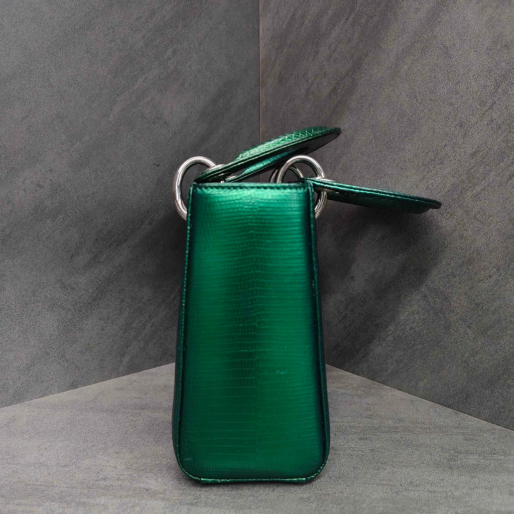 Dior Lady Dior Green Lizard Skin Silver Buckle Tote Shoulder Bag 2015