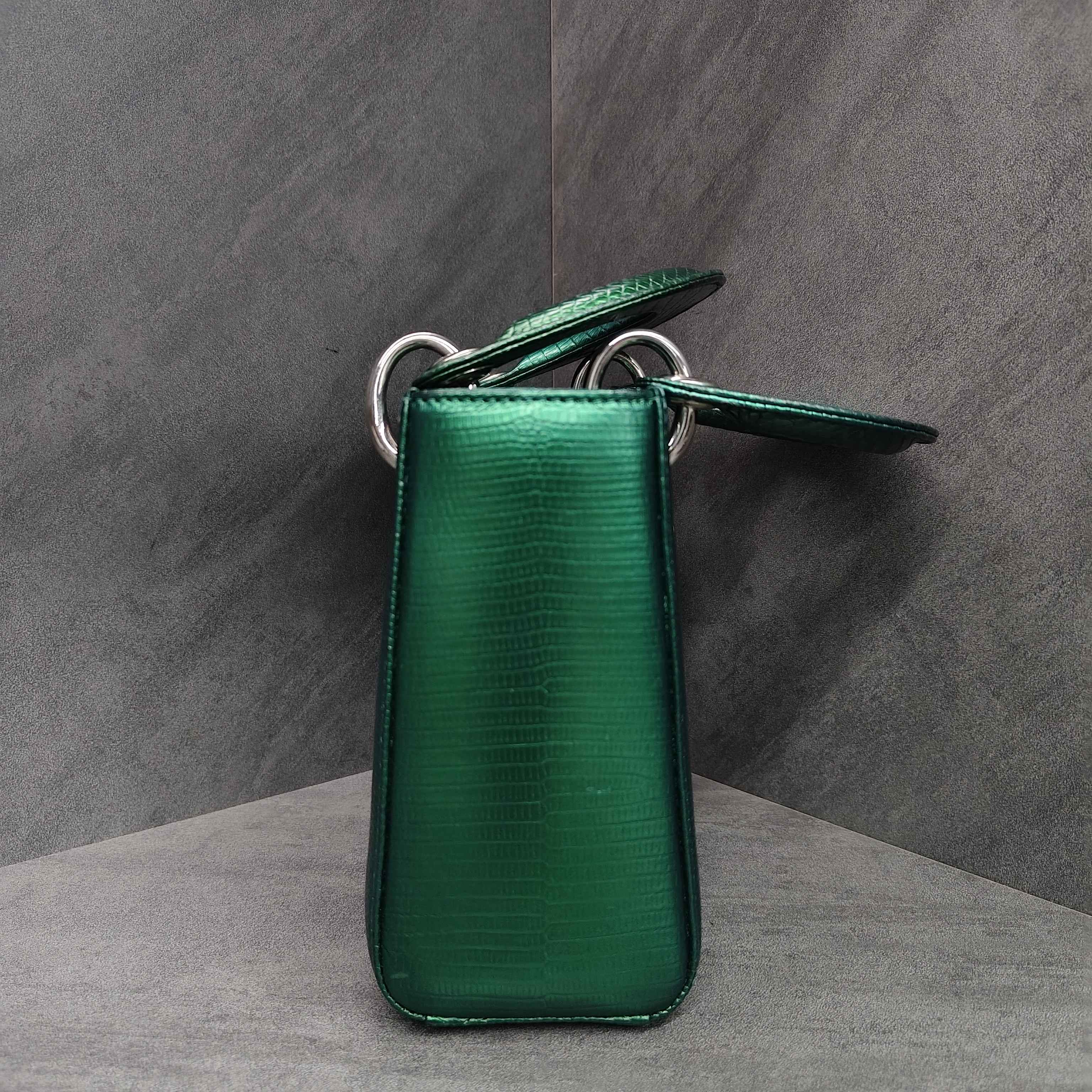 Dior Lady Dior Green Lizard Skin Silver Buckle Tote Shoulder Bag 2015