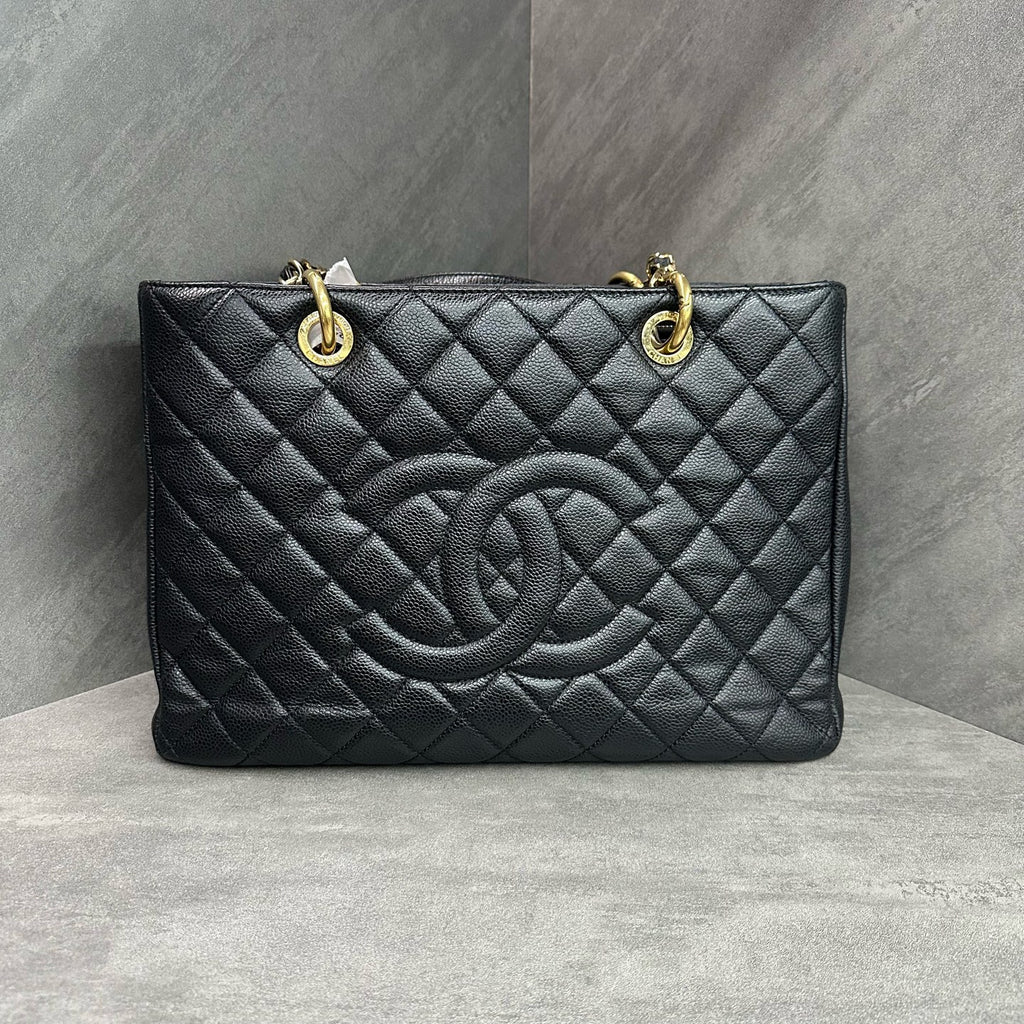 Chanel GST Black Gold Litchi Leather Tote Bag Medium Size 16 Open
