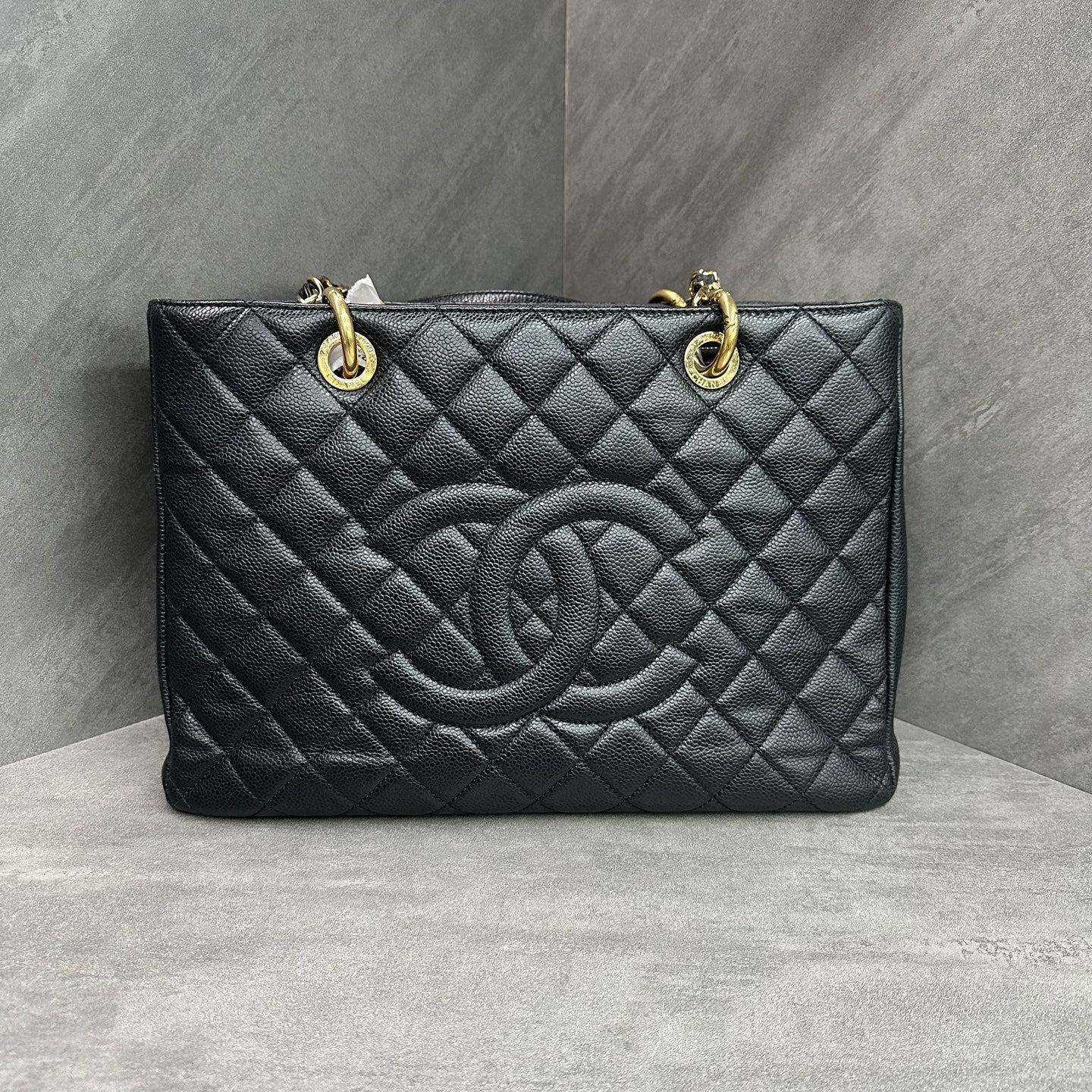 Chanel GST Black Gold Litchi Leather Tote Bag Medium Size 16 Open