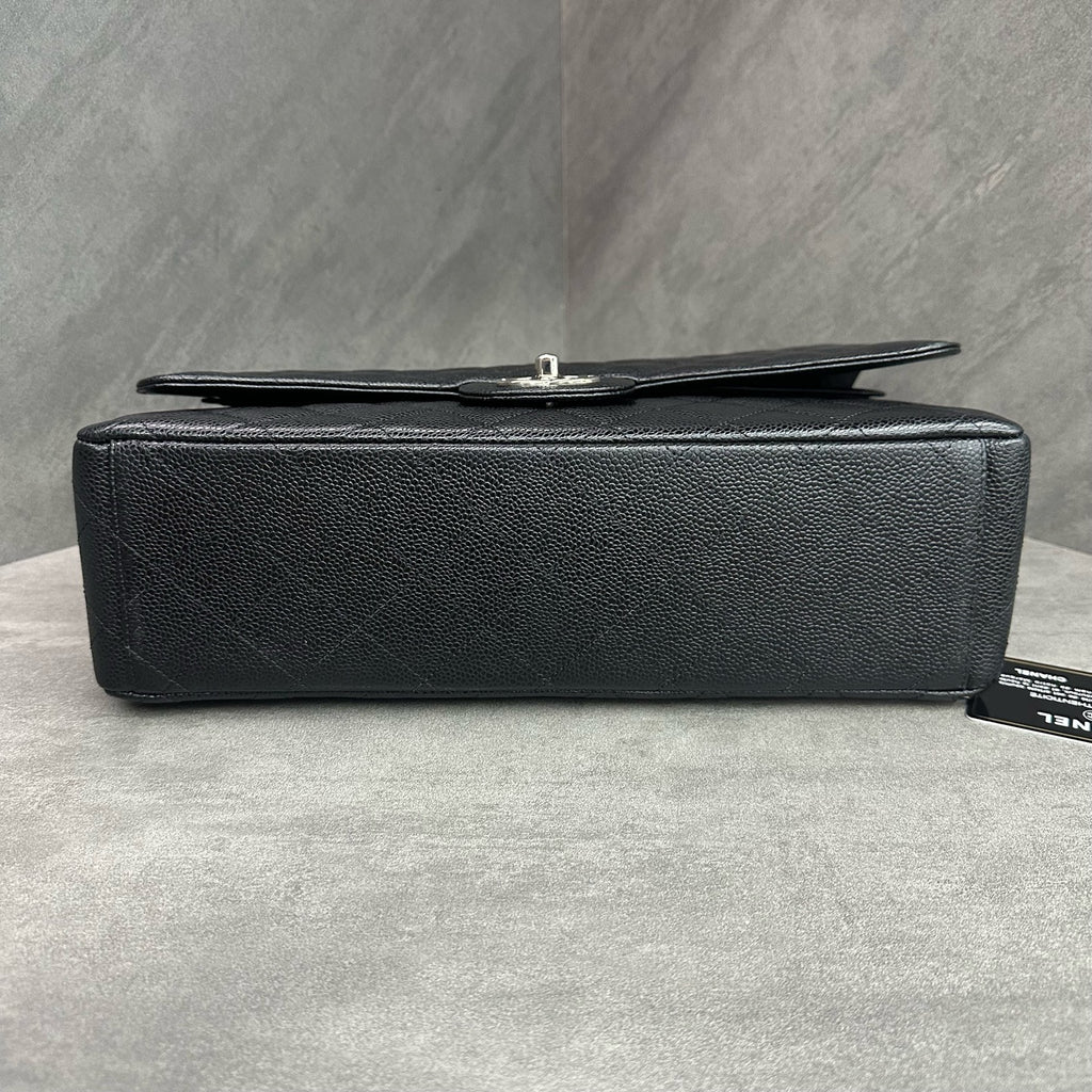 Chanel CF Maxi Black Silver Hardware Caviar Leather Chain Bag 15 Series with Card, structured shape, clean interior.