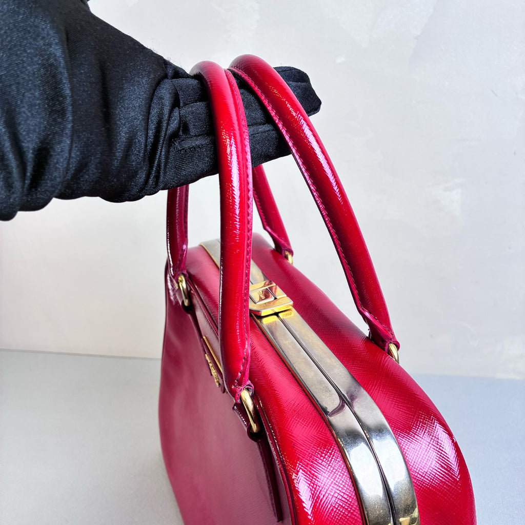 Prada 95% New Red Patent Leather Tote Bag Classic Triangle Logo Crosshatch Leather Size