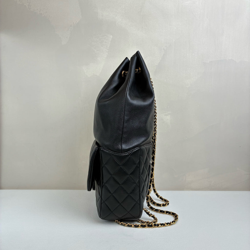 Chanel 23 Opening Black Gold Drawstring Backpack Lambskin Jennie's Style Size 22*35.5