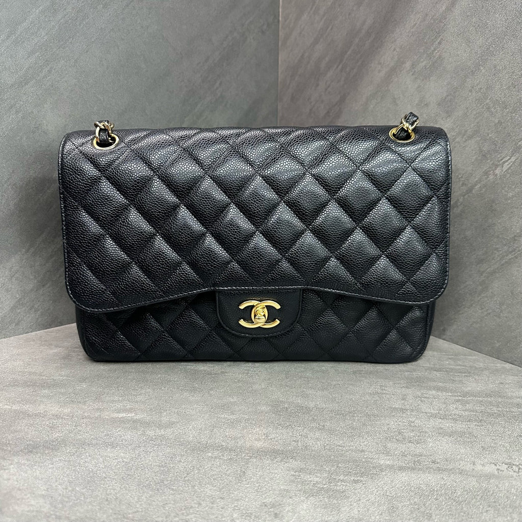 Chanel CF Jumbo Black Gold Lambskin Chain Bag 18 Series, Structured Shape, Clean Interior