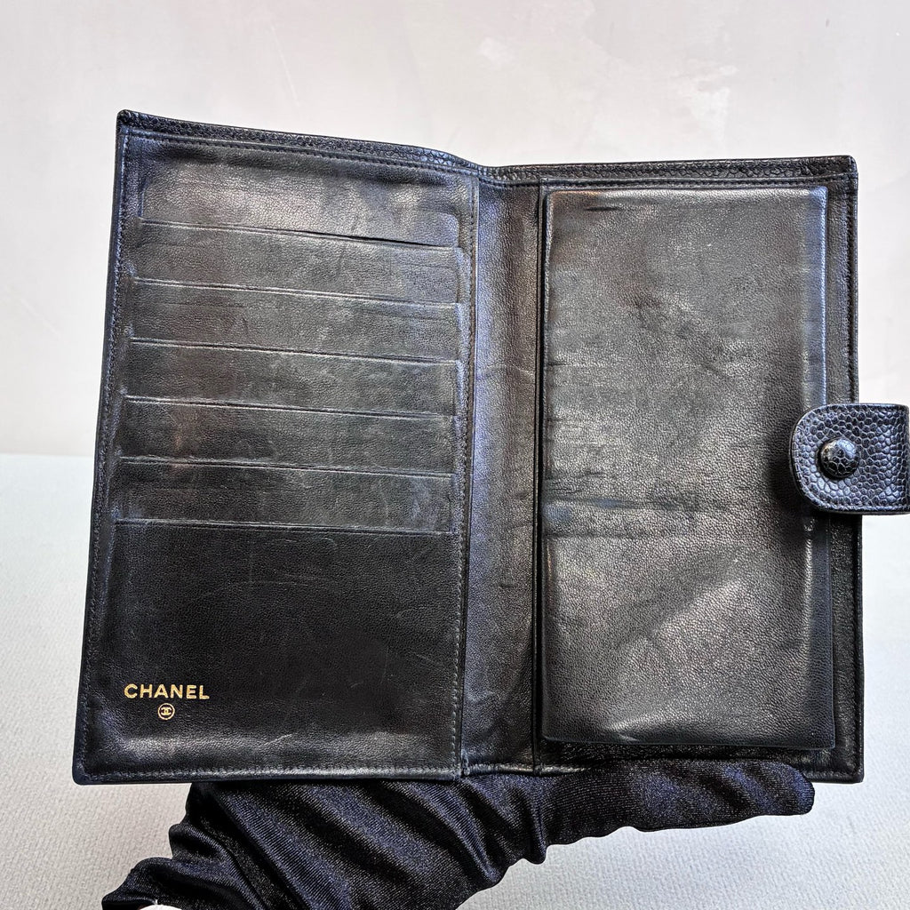 Chanel 4-Fold Vintage Wallet Litchi Grain Leather Black Size 18*10