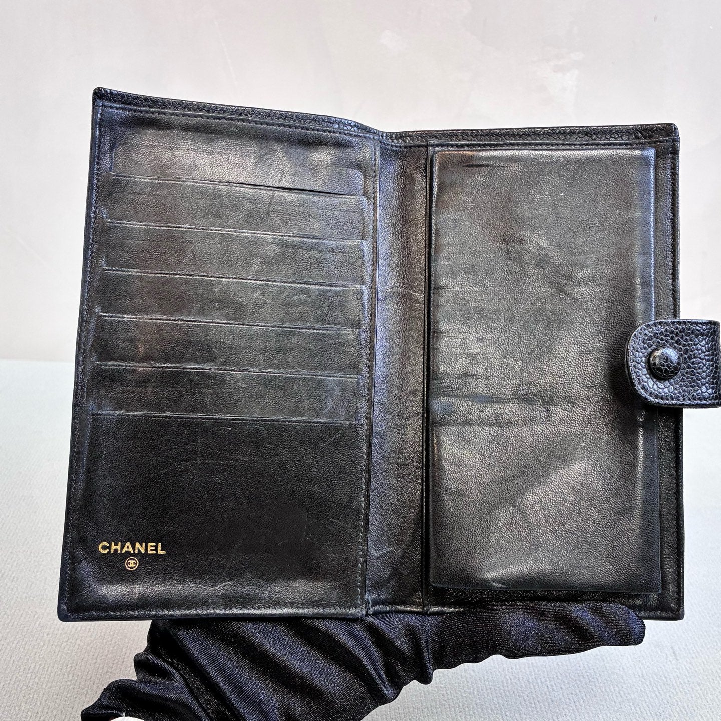 Chanel 4-Fold Vintage Wallet Litchi Grain Leather Black Size 18*10