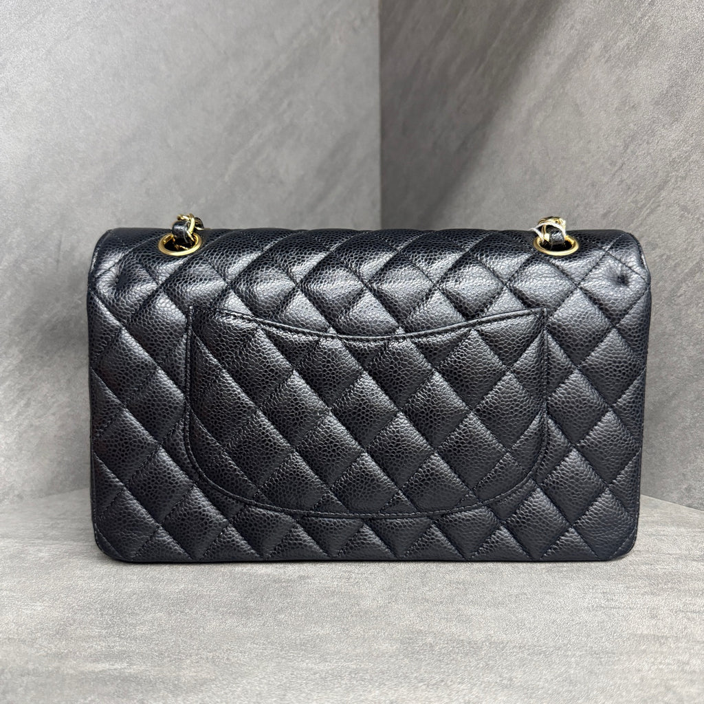 Chanel Medium Classic Flap, Black Gold, Caviar Leather, 27-series, with authenticity card, original condition, perfect shape