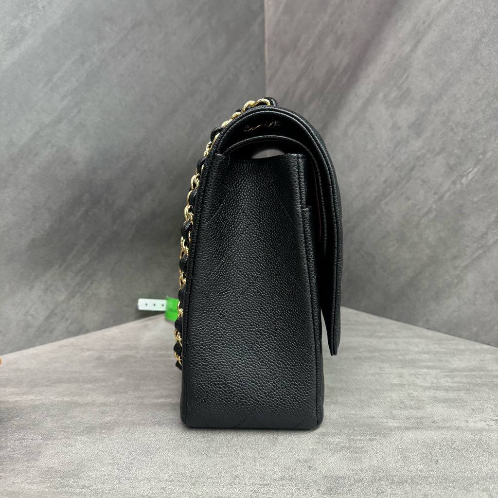 Chanel Black Gold Litchi Calfskin Maxi, full set with 28 serial number, structured shape, clean interior, in stock at a favorable price