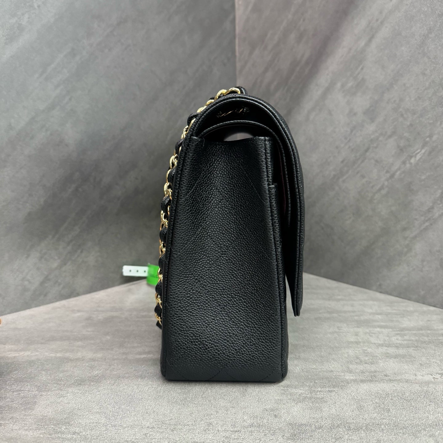 Chanel Black Gold Litchi Calfskin Maxi, full set with 28 serial number, structured shape, clean interior, in stock at a favorable price