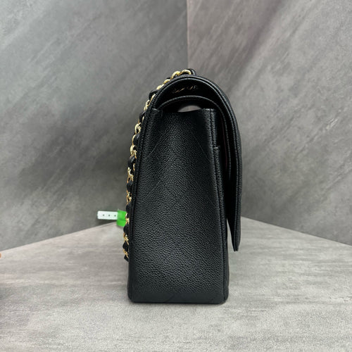 Chanel Black Gold Litchi Calfskin Maxi, full set with 28 serial number, structured shape, clean interior, in stock at a favorable price