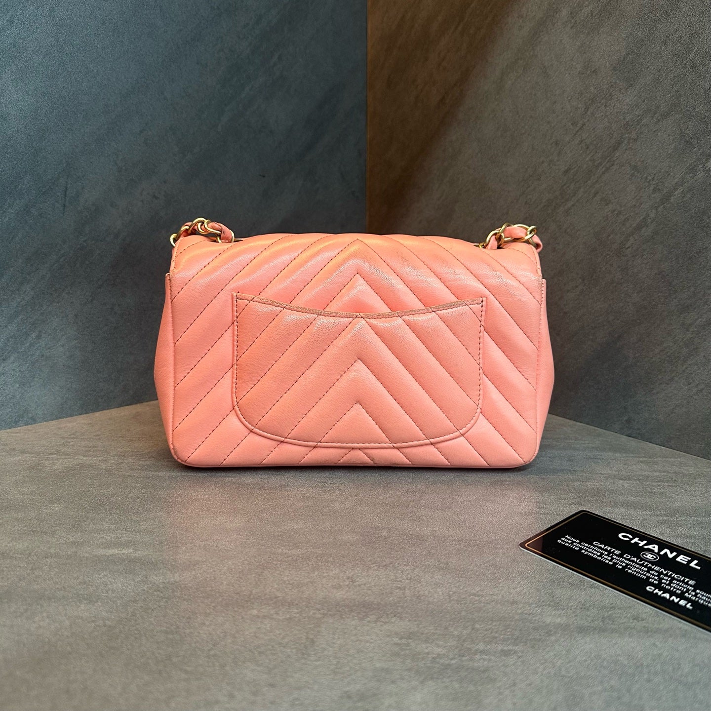 Chanel Classic Flap Large Mini Coral Pink V-stitch Lambskin Gold-tone Hardware Chain Bag, base length 20cm, 27-series with authenticity card