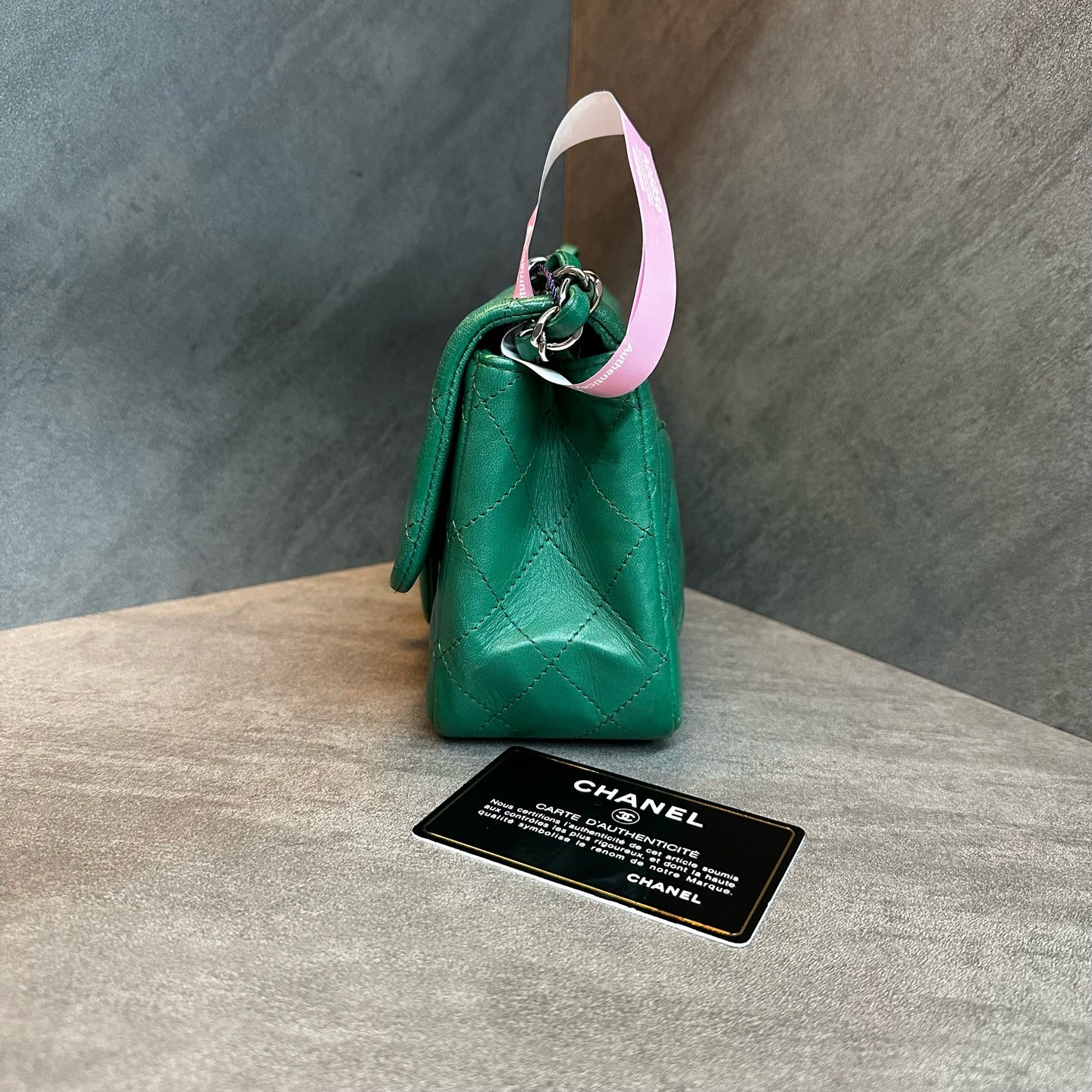 Chanel CF Square Flap Bag, green with silver-tone hardware, chain strap, 2022 production code, with authenticity card, structured shape, clean interior