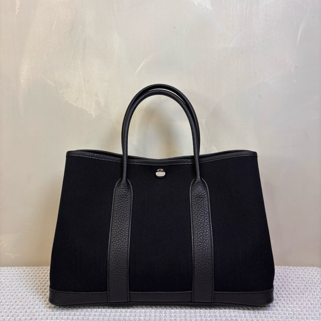 99% new Hermes Garden Party 30, black and silver Garden bag, canvas with leather, K刻.