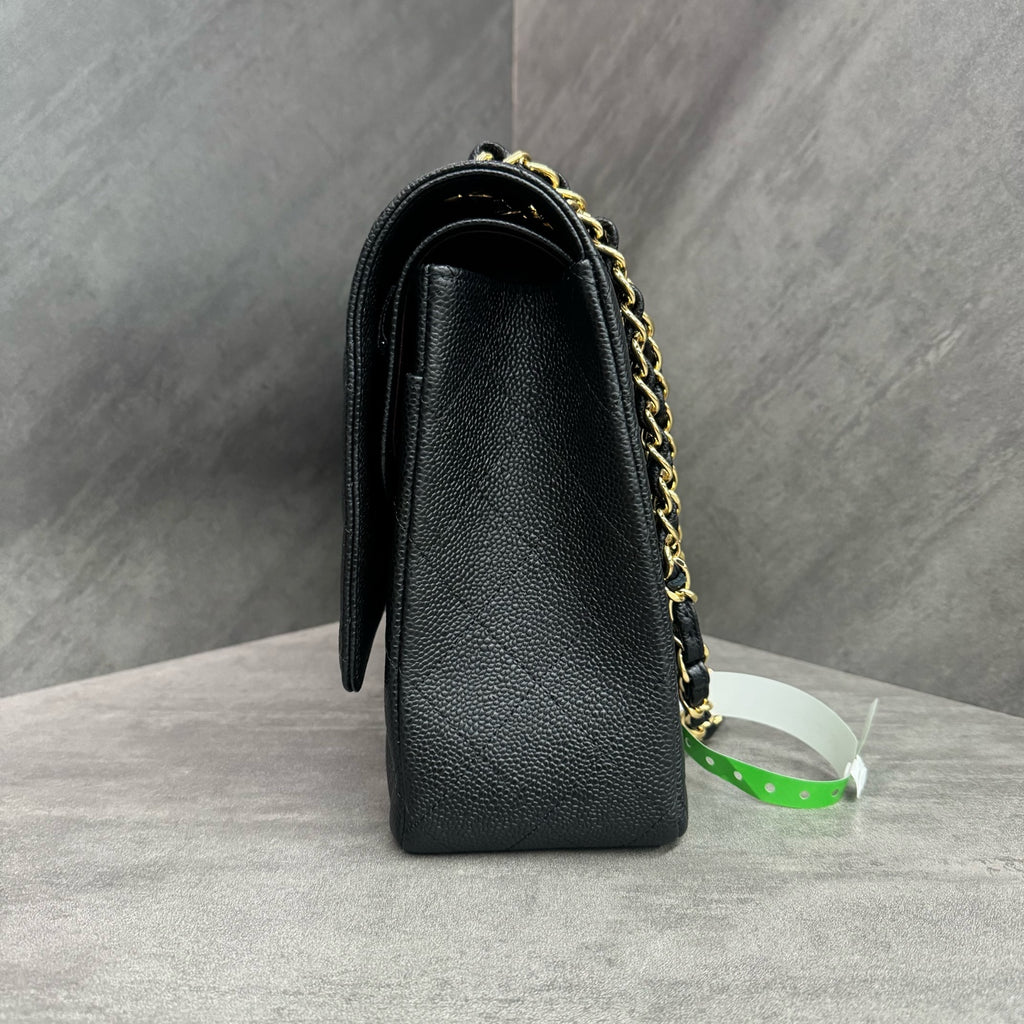 Chanel Black Gold Litchi Calfskin Maxi, full set with 28 serial number, structured shape, clean interior, in stock at a favorable price