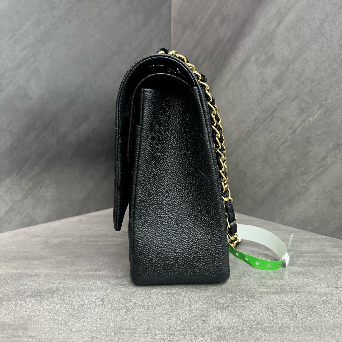 Chanel Black Gold Litchi Calfskin Maxi, full set with 28 serial number, structured shape, clean interior, in stock at a favorable price