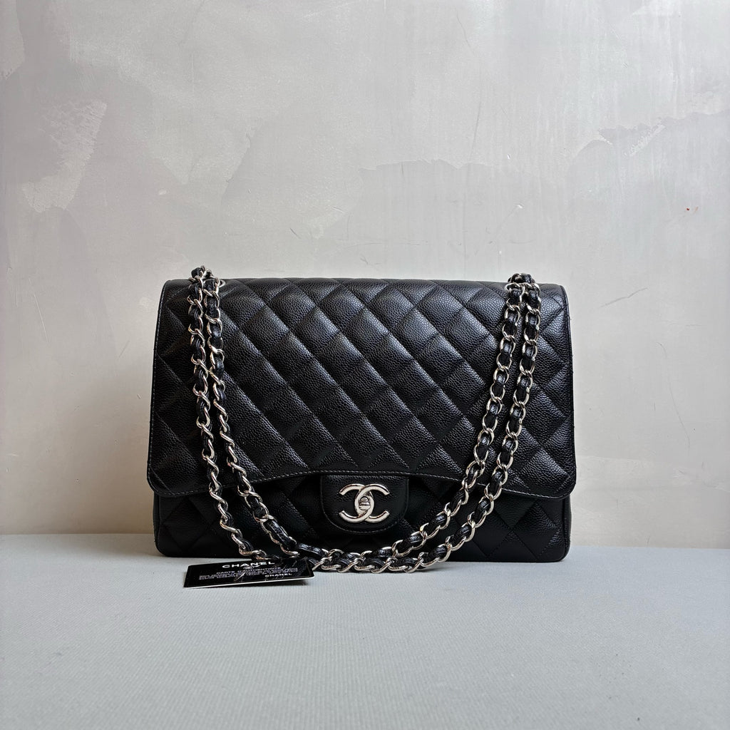 Chanel 99% New CF Maxi 23 Open Black and Silver Litchi Leather Chain Bag Size 33*23