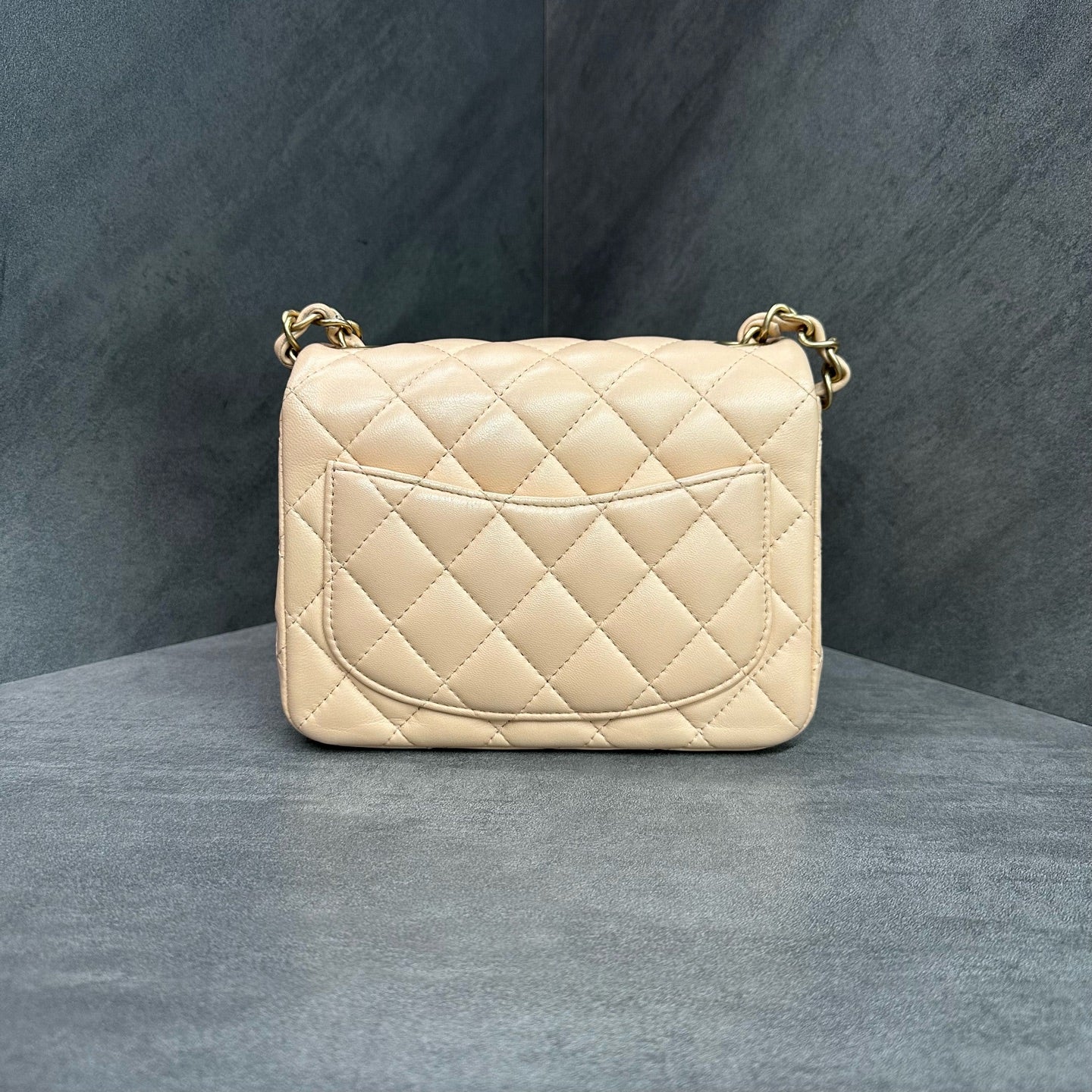 Chanel CF Square Bag in Metallic Gold Lambskin with Chain 27cm, structured shape, clean interior.