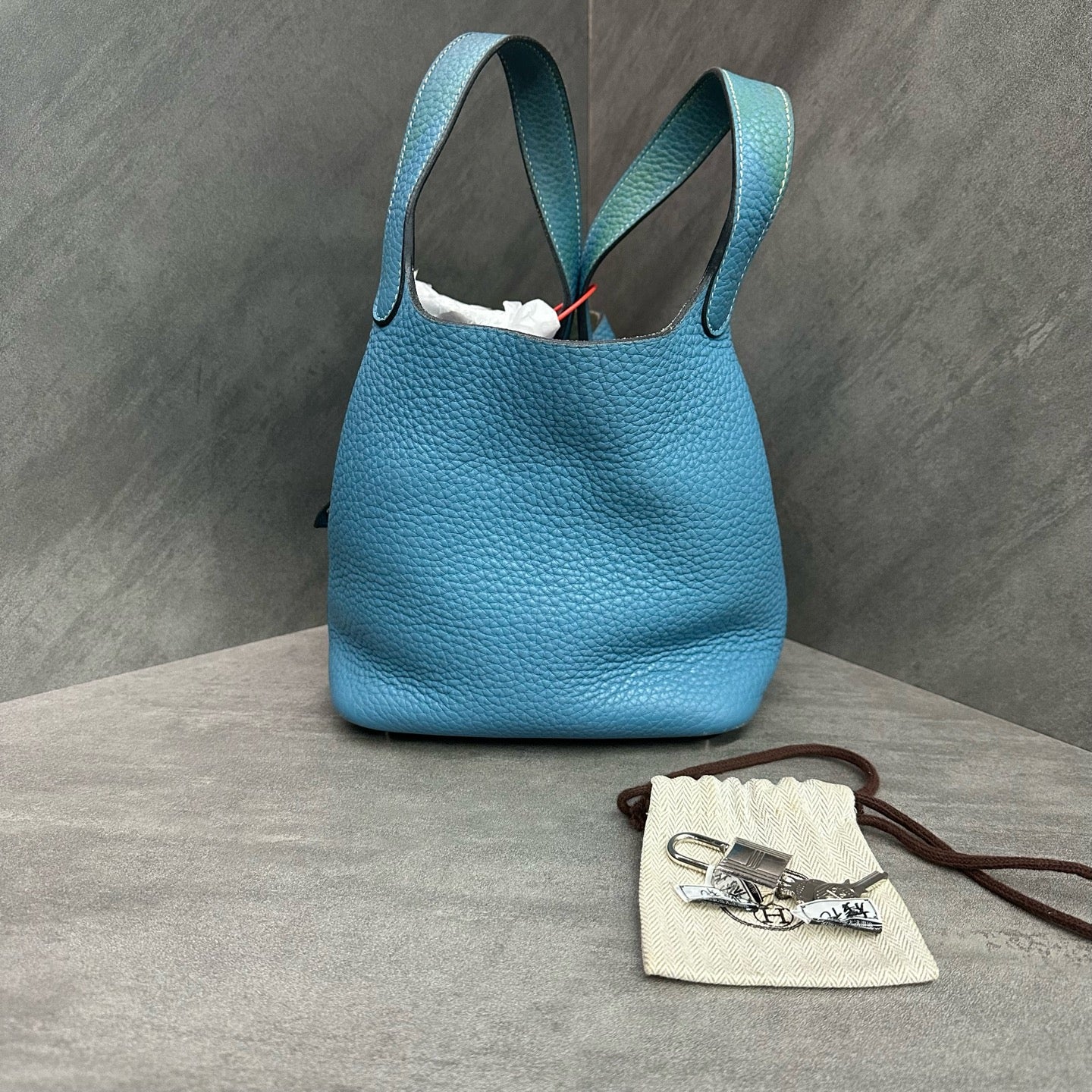Hermes blue and silver clasp Picotin18 T engraved