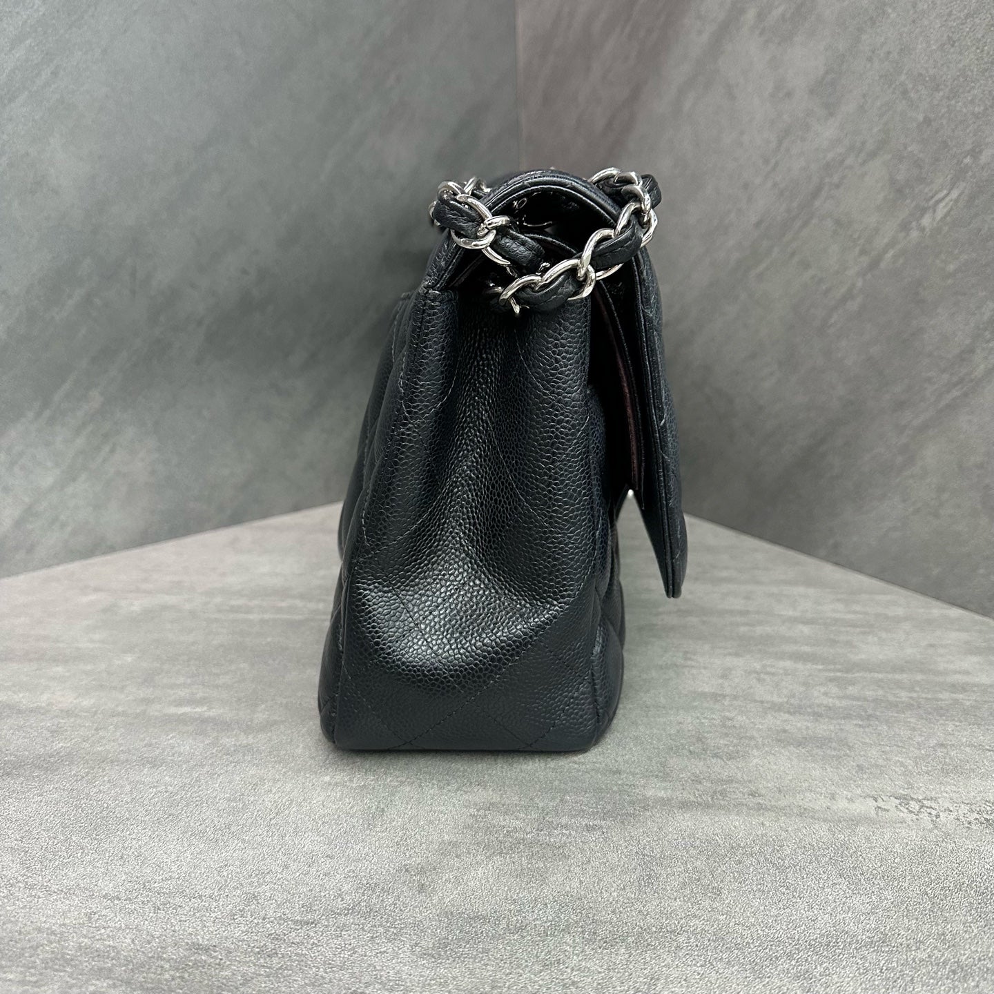 Chanel CF Jumbo Large Black and Silver Litchi Cowhide 14 Series Original Condition