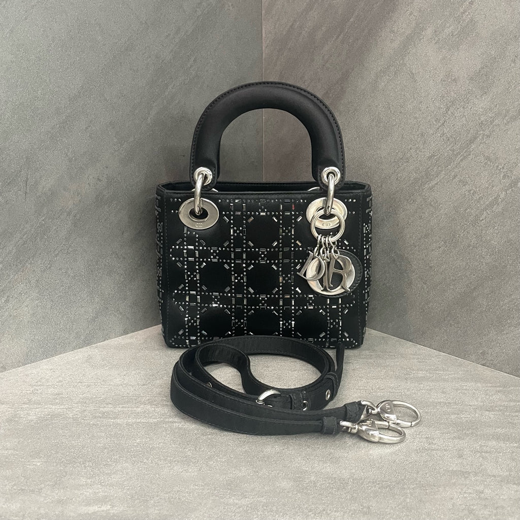 Dior Lady Dior Black silk satin three-check Daphne bag with silver clasp, 18-year code