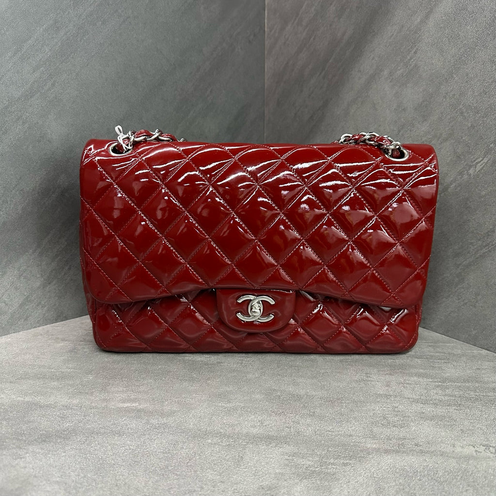 Chanel CF Jumbo Wine Red Silver Hardware Patent Leather Chain Bag 15cm, Structured Shape, Clean Interior