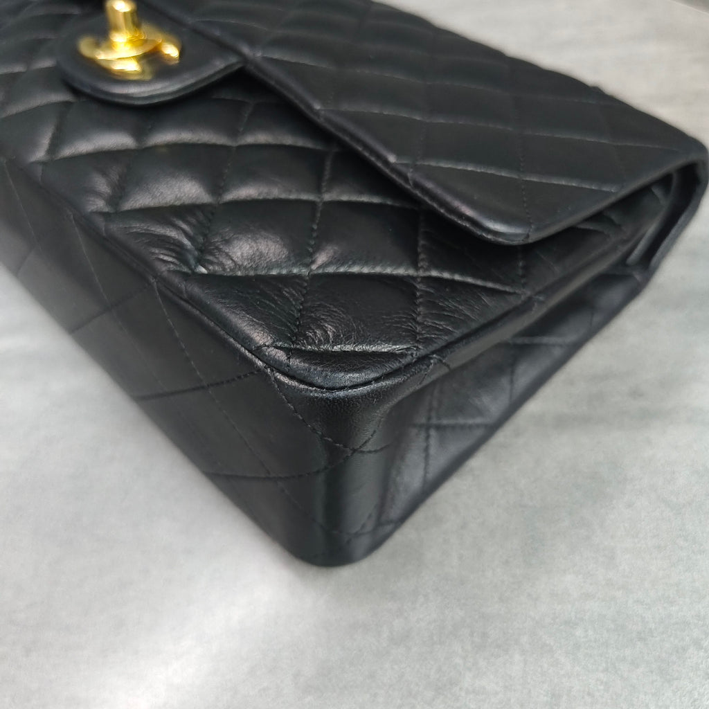 Chanel CF Medium Black Gold Lambskin Chain Bag 12 Opening No Card Structured Shape Clean Interior