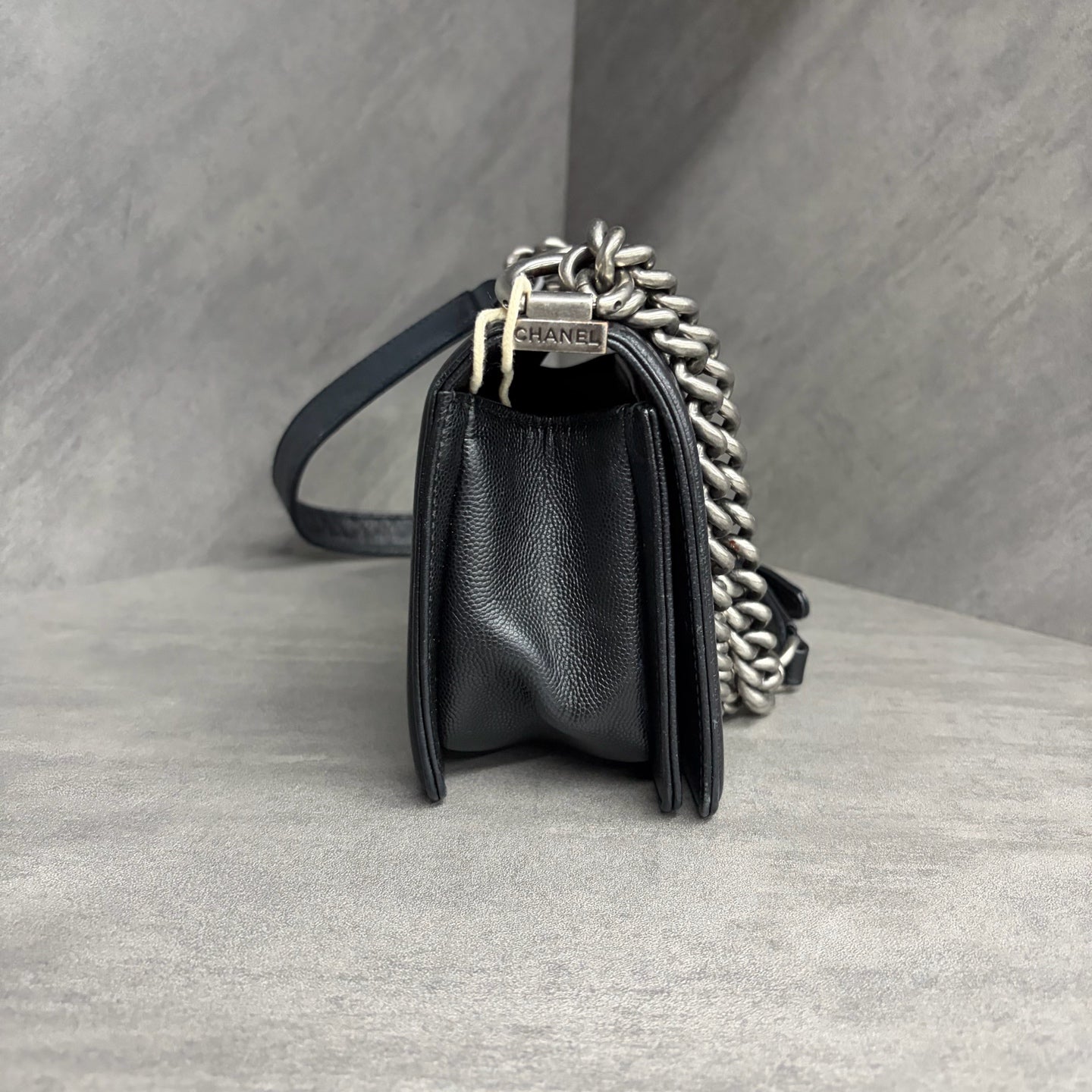 Chanel Leboy small size, black and silver grained calfskin, 26 series no card, clean interior, in stock at favorable price