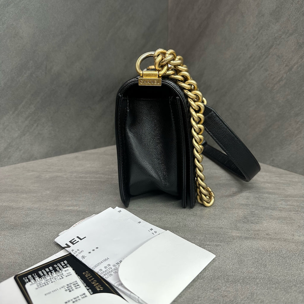 Chanel Le Boy Medium Black Gold Caviar Leather Chain Bag 28 with Card and Receipt. The bag has a structured shape and a clean interior.