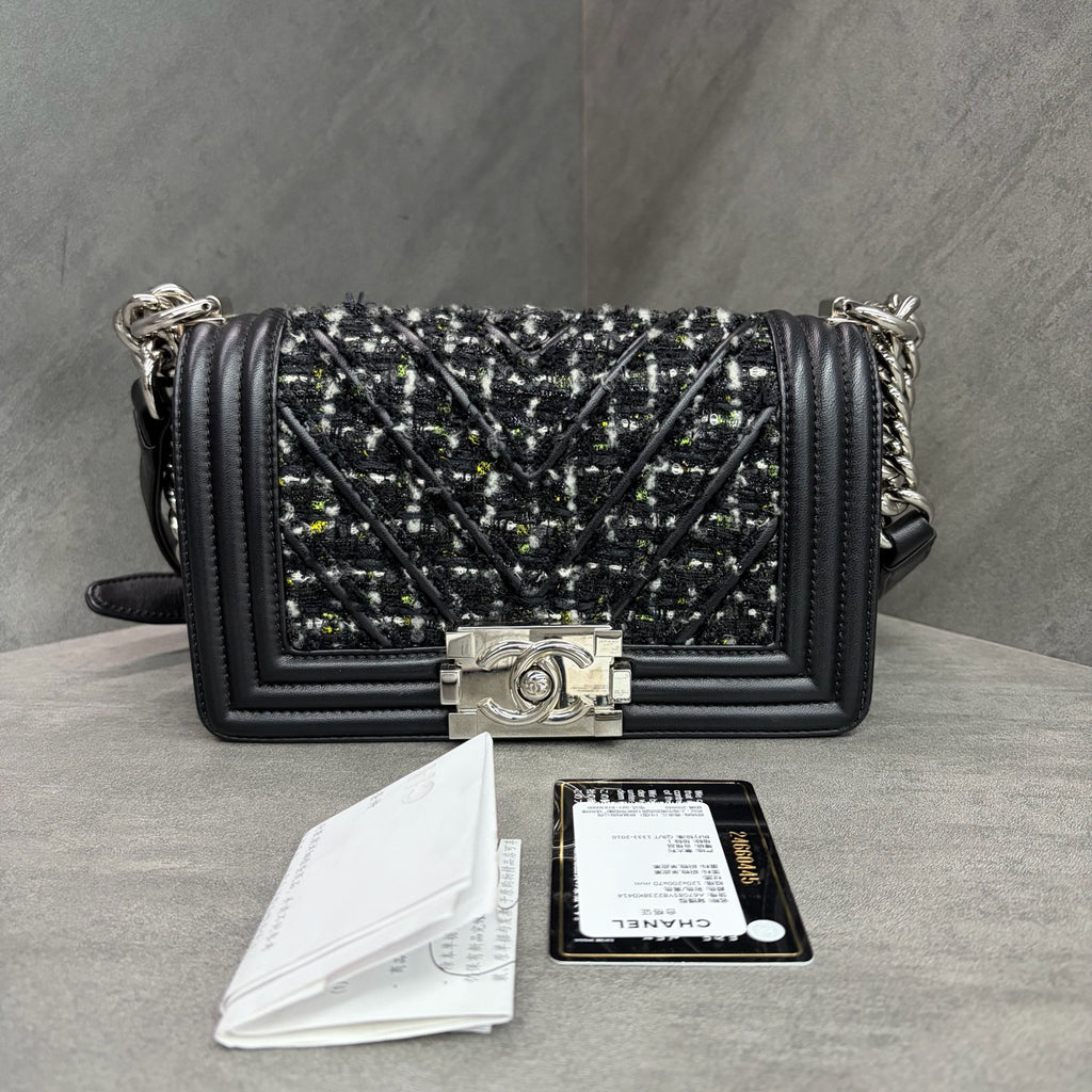 Chanel Small Leboy Black Silver-tone Hardware Lambskin with Tweed Chain Shoulder and Crossbody Bag, Hologram Code Starting with 24, with Authenticity Card and Receipt
