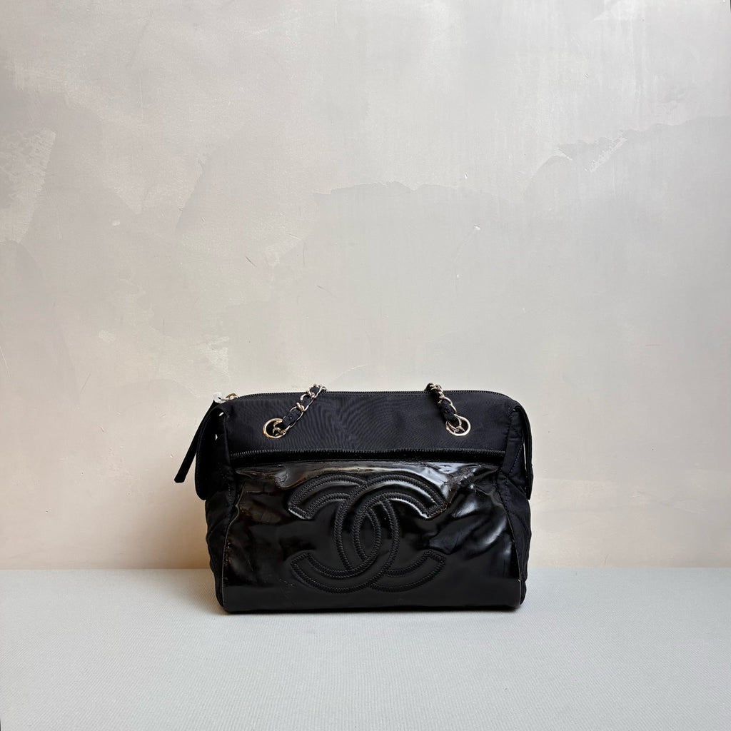 Chanel 13 Opening Tote Canvas with Leather Black and Silver Size 24*16