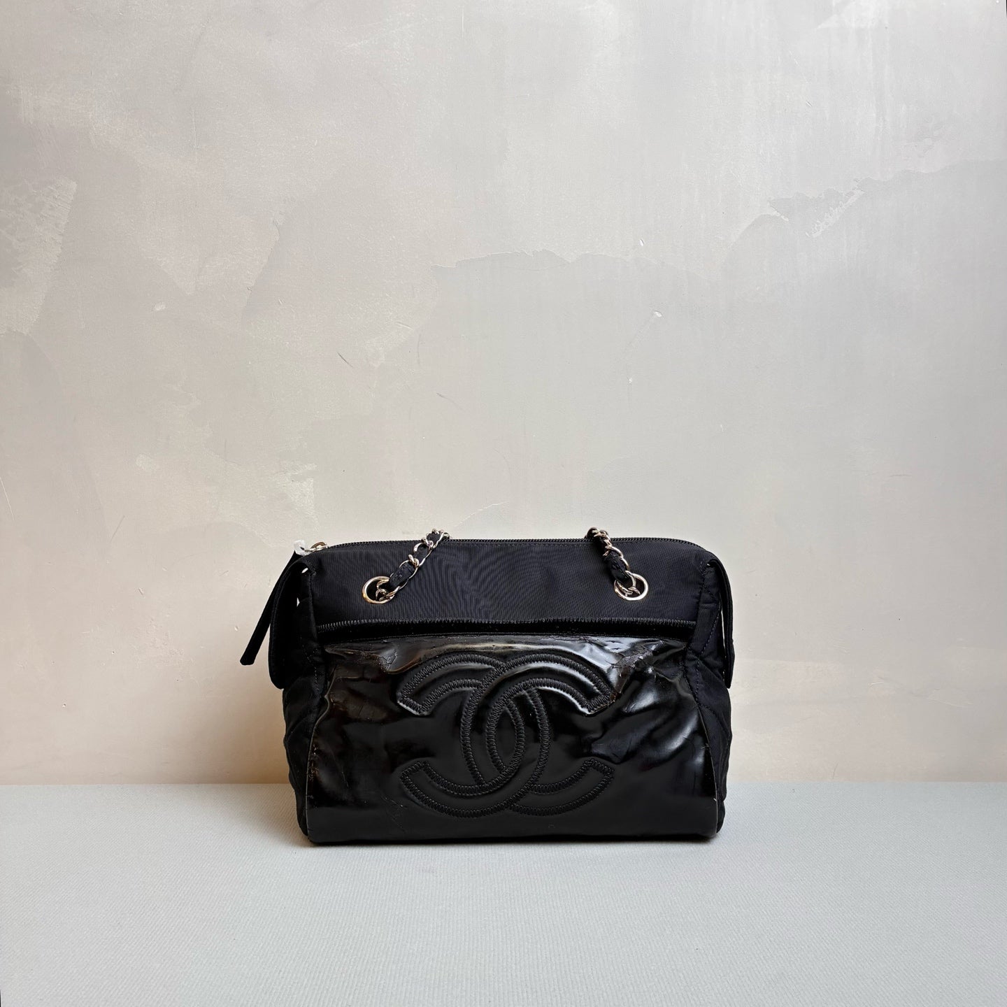 Chanel 13 Opening Tote Canvas with Leather Black and Silver Size 24*16