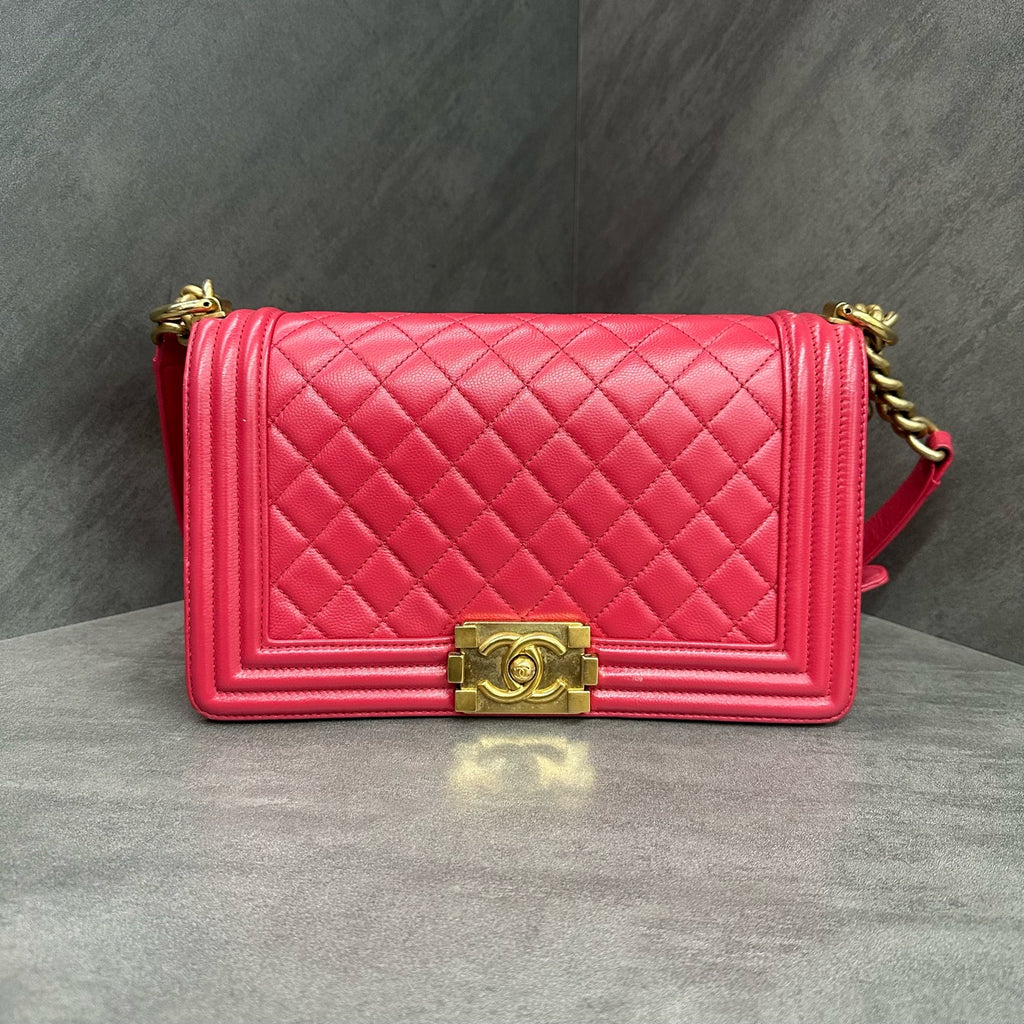 Chanel Le Boy Pink Gold Hardware Litchi Grain Leather Medium 24cm