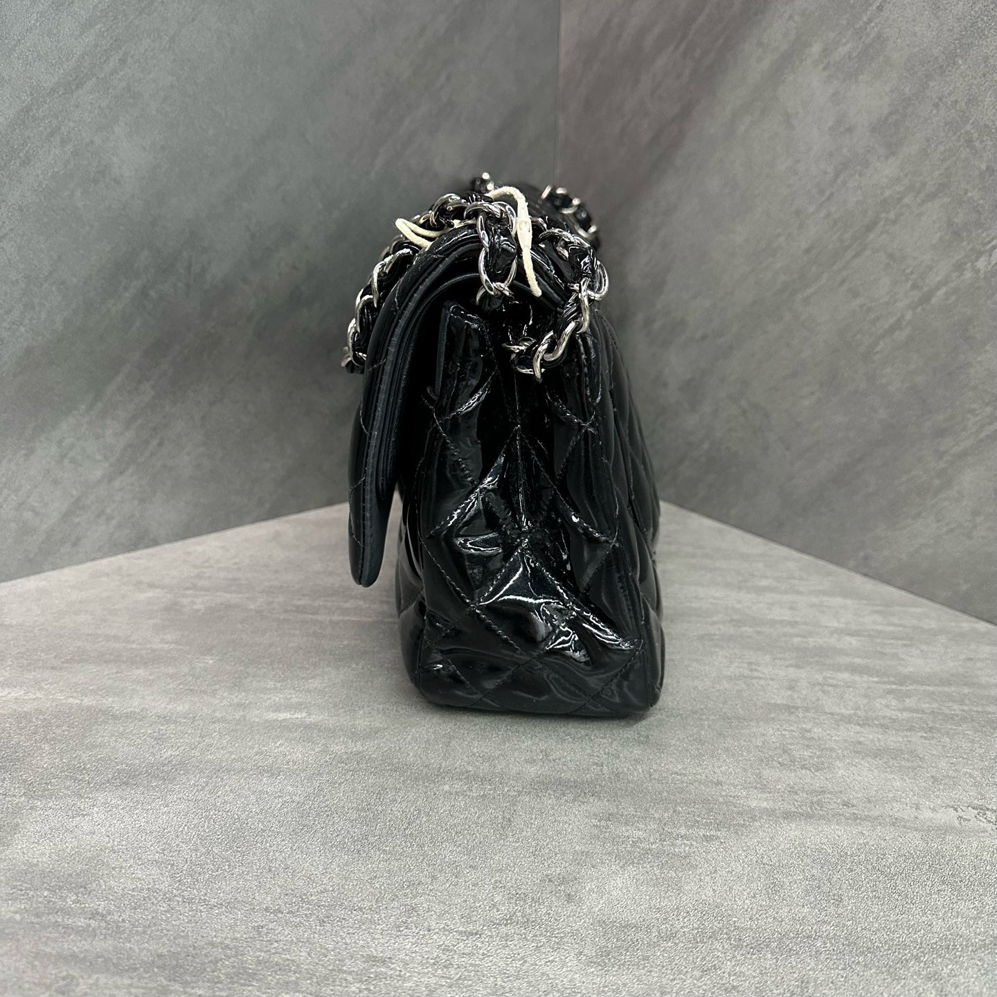 Chanel cf jumbo Black and silver patent leather chain bag, 16 kai, no card